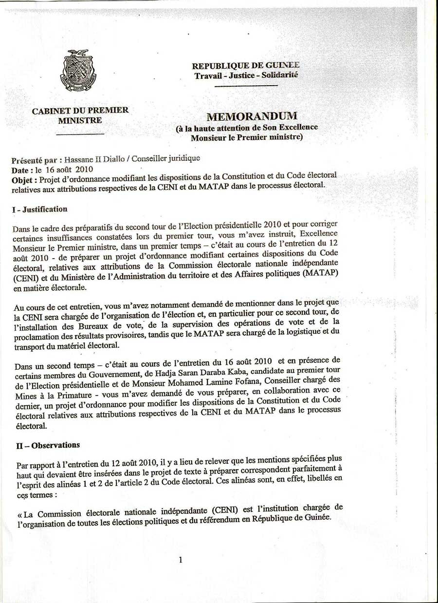 Memorandum et projet de modification de la constitution et du code electoral
